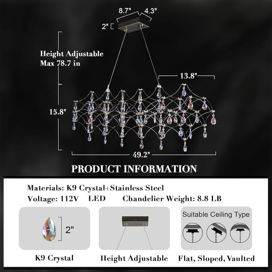 Large Silver Rectangle Crystal Chandelier 49.2" Modern Luxury Raindrop Light