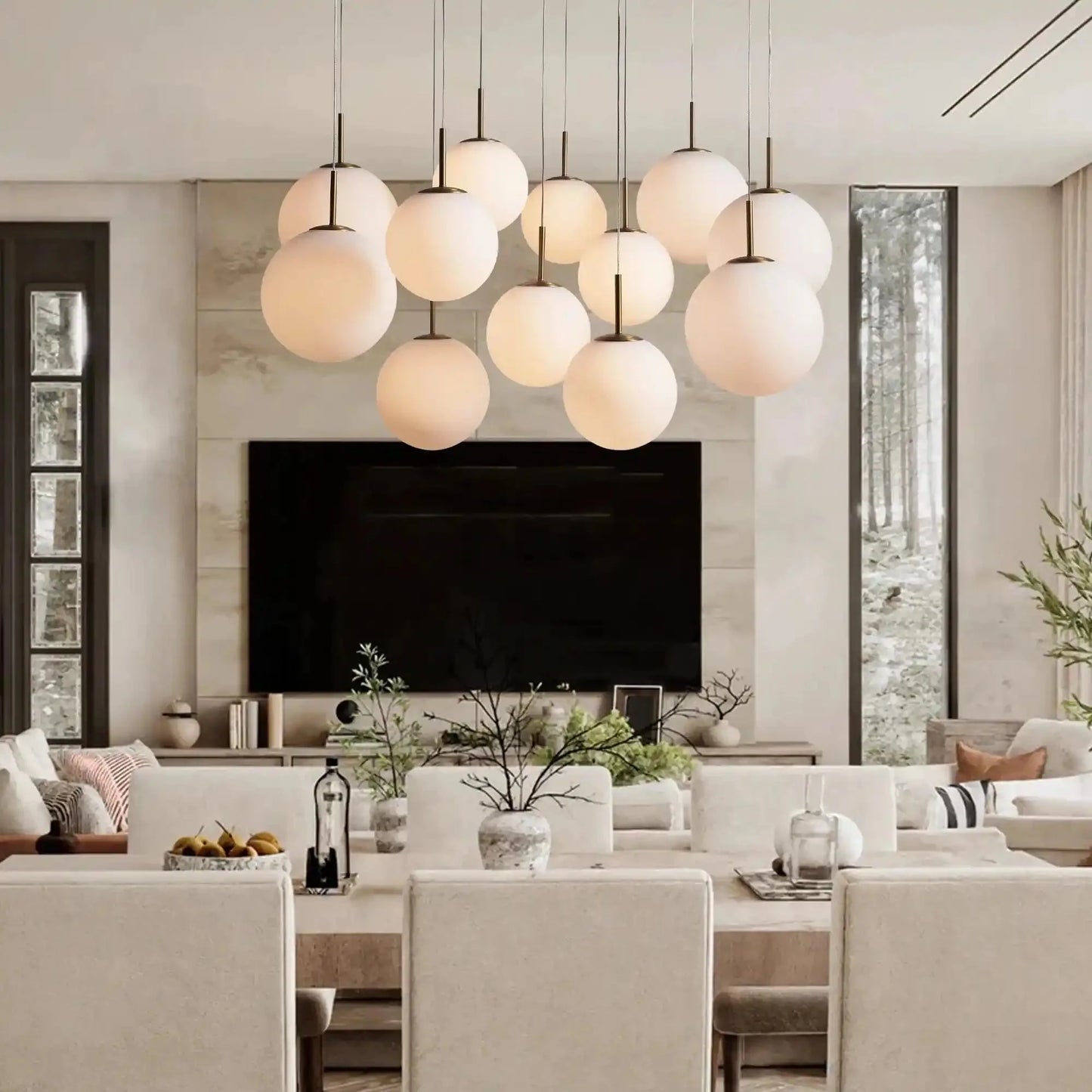 Casen Modern Round Chandelier - Hand-Blown Crackle Glass & Satin Brass LED Pendant Light