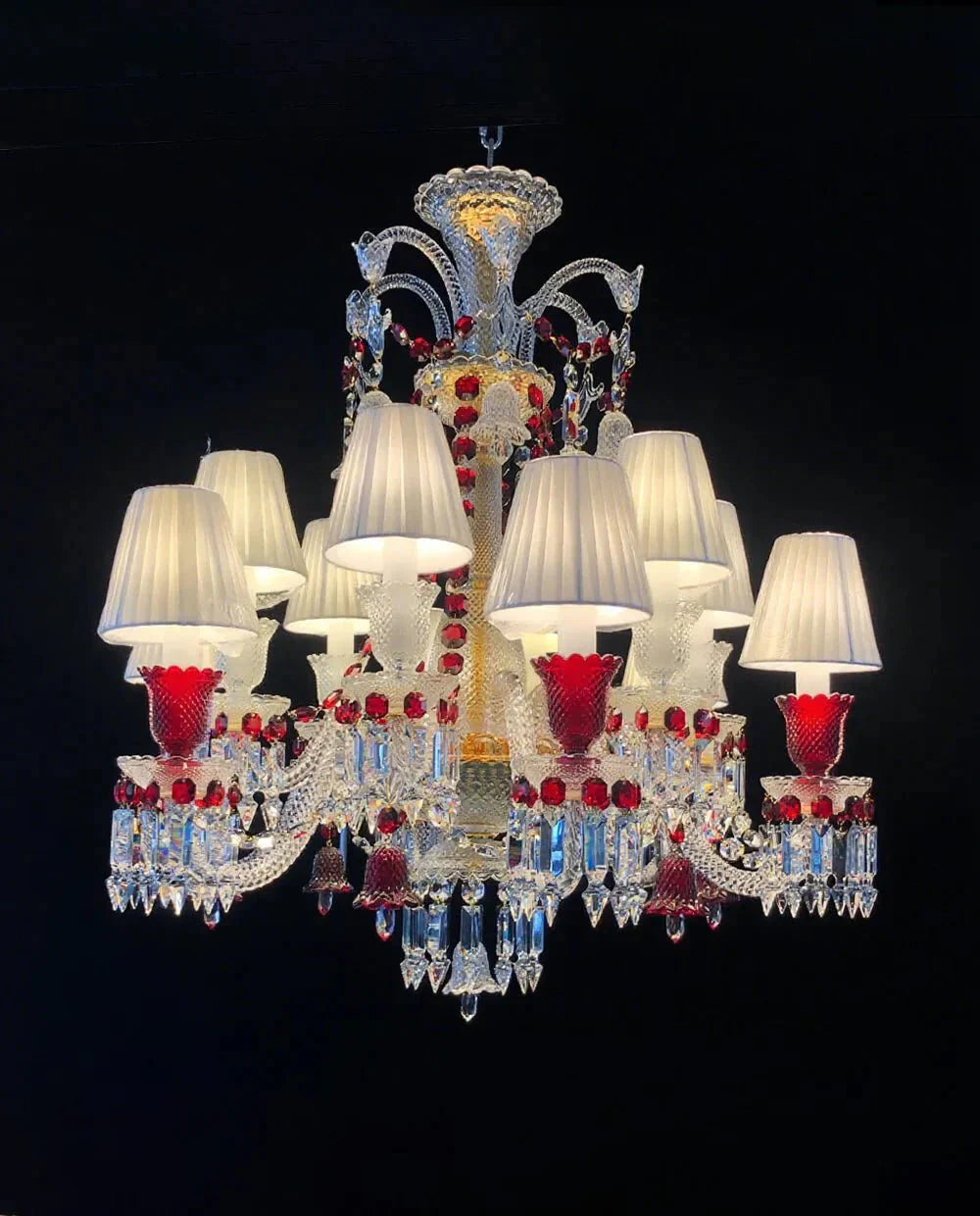 Custom Made Lustre 12 Lights Clear & Red Crystal Chandelier in Gold