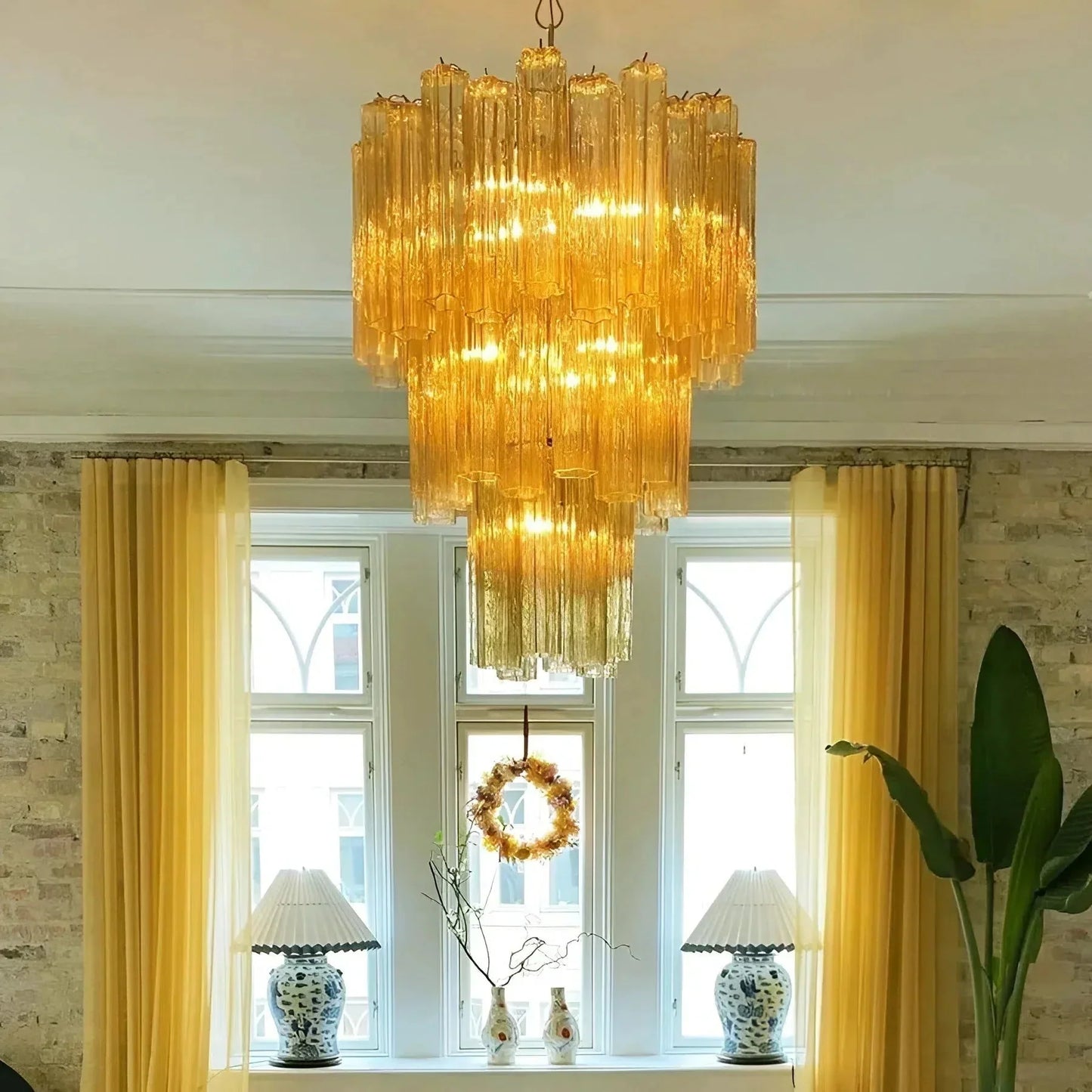 Elegant Yellow Murano Glass Tube Chandelier 25.6"