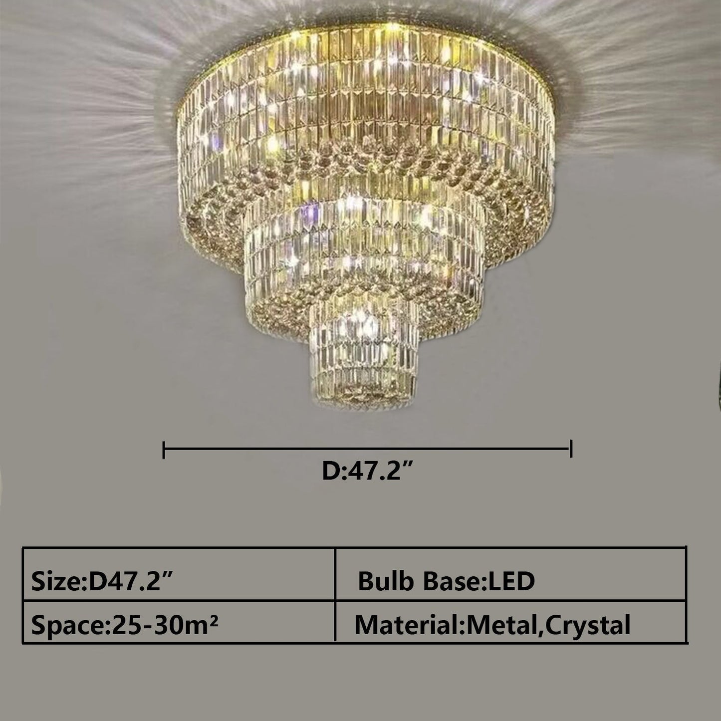 Extra Large Gold Flush Mount Crystal Light Round 3-layers Decorative Living Room/Dining Room Light Fixture