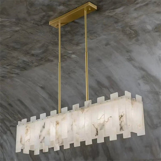 Jean Modern Marble Alabaster Linear Chandelier Over Dining Table