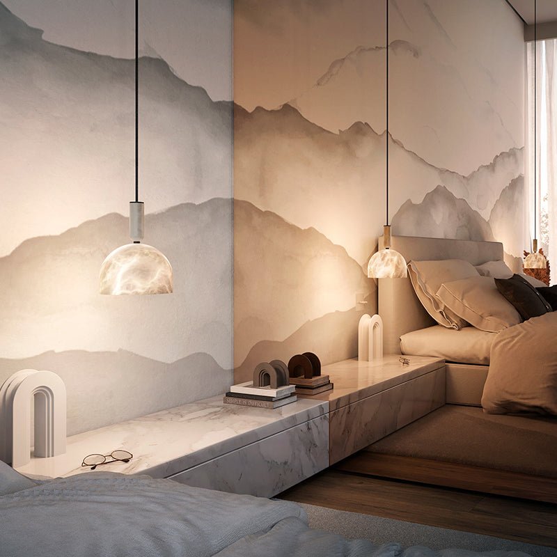 Modern Alabaster Bedside Pendant Light, Bedroom Pendant Lamp