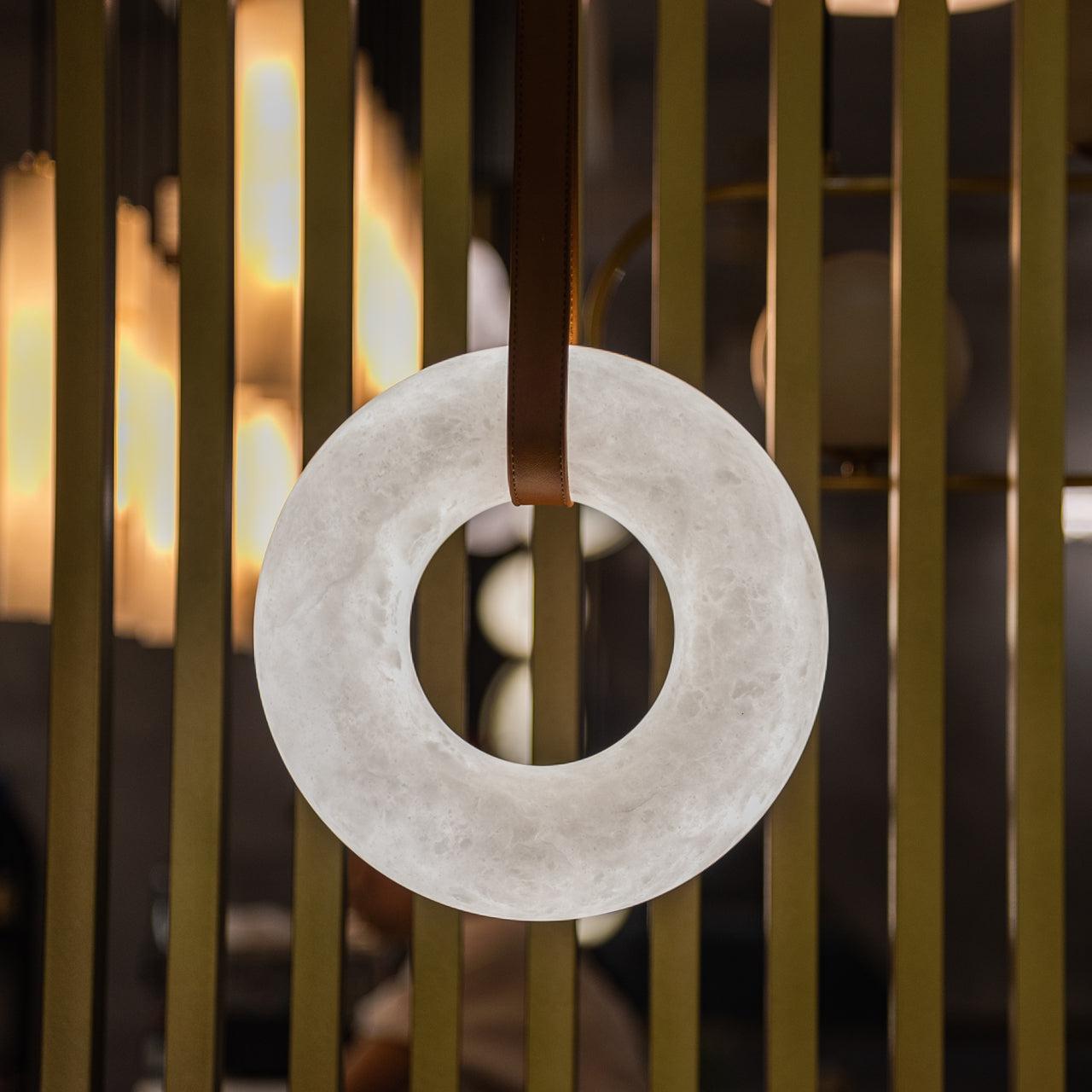 Oslo Pendant Alabaster Chandelier, Halo Ring Chandelier With Leather