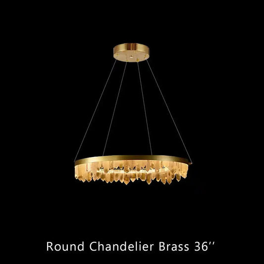Round Modern Chandelier Brass & Clear Geode Quartz Crystal Hanging Light