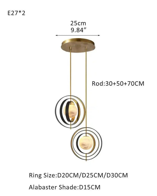 White Alabaster Round Ceiling Pendant Lamp - Gold & Bronze Rotatable Ring