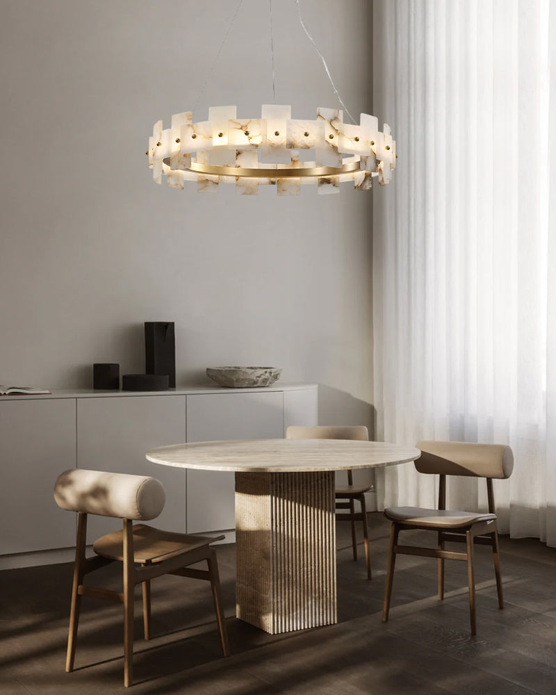 Antique Brass Ring Frame Round Halo Alabaster Modern Lighting Chandelier Wide 31"