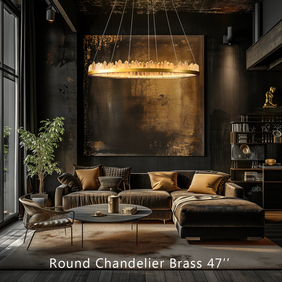 36 Inch Round Brass Modern Geode Quartz Crystal Chandelier