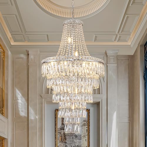BEIRIO Chrome 24-Light Crystal Chandelier for High Ceilings