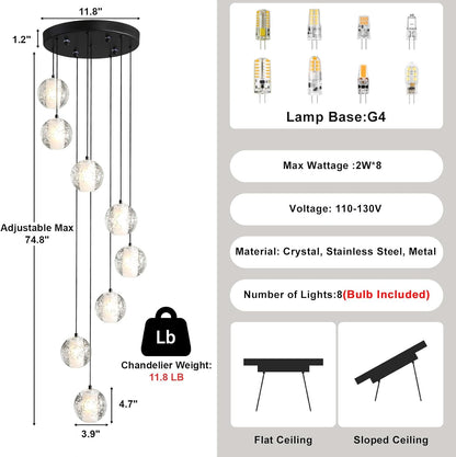 Black Crystal Staircase Chandelier with Adjustable Height and 8 Lights