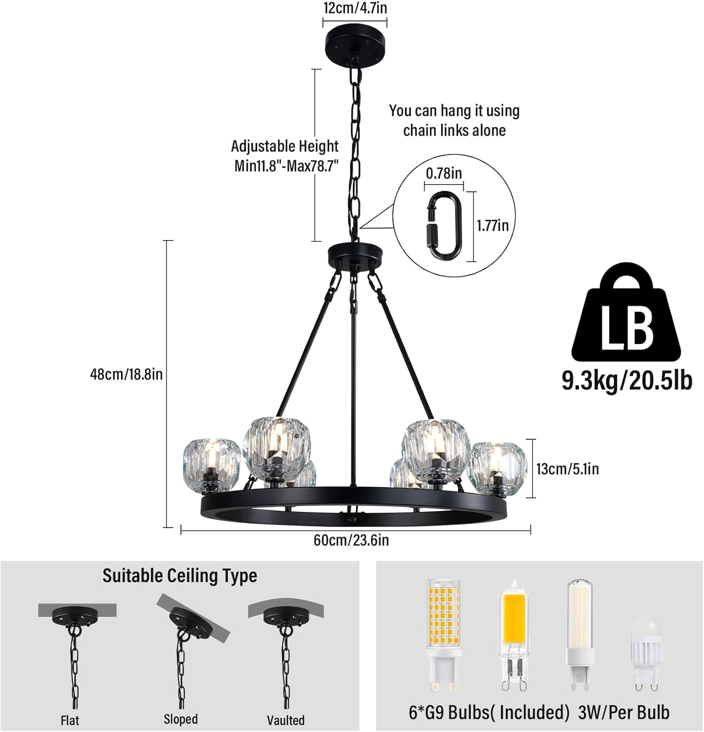 Black Wagon Wheel Crystal Chandelier 23-Inch 6-Light Farmhouse