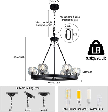 Black Wagon Wheel Crystal Chandelier 23-Inch 6-Light Farmhouse