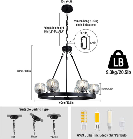 Black Wagon Wheel Crystal Chandelier 23-Inch 6-Light Farmhouse
