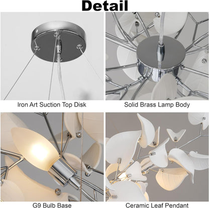 Gold Ceramic Leaf Chandelier with 6 Adjustable Lights, 31.5" Diameter