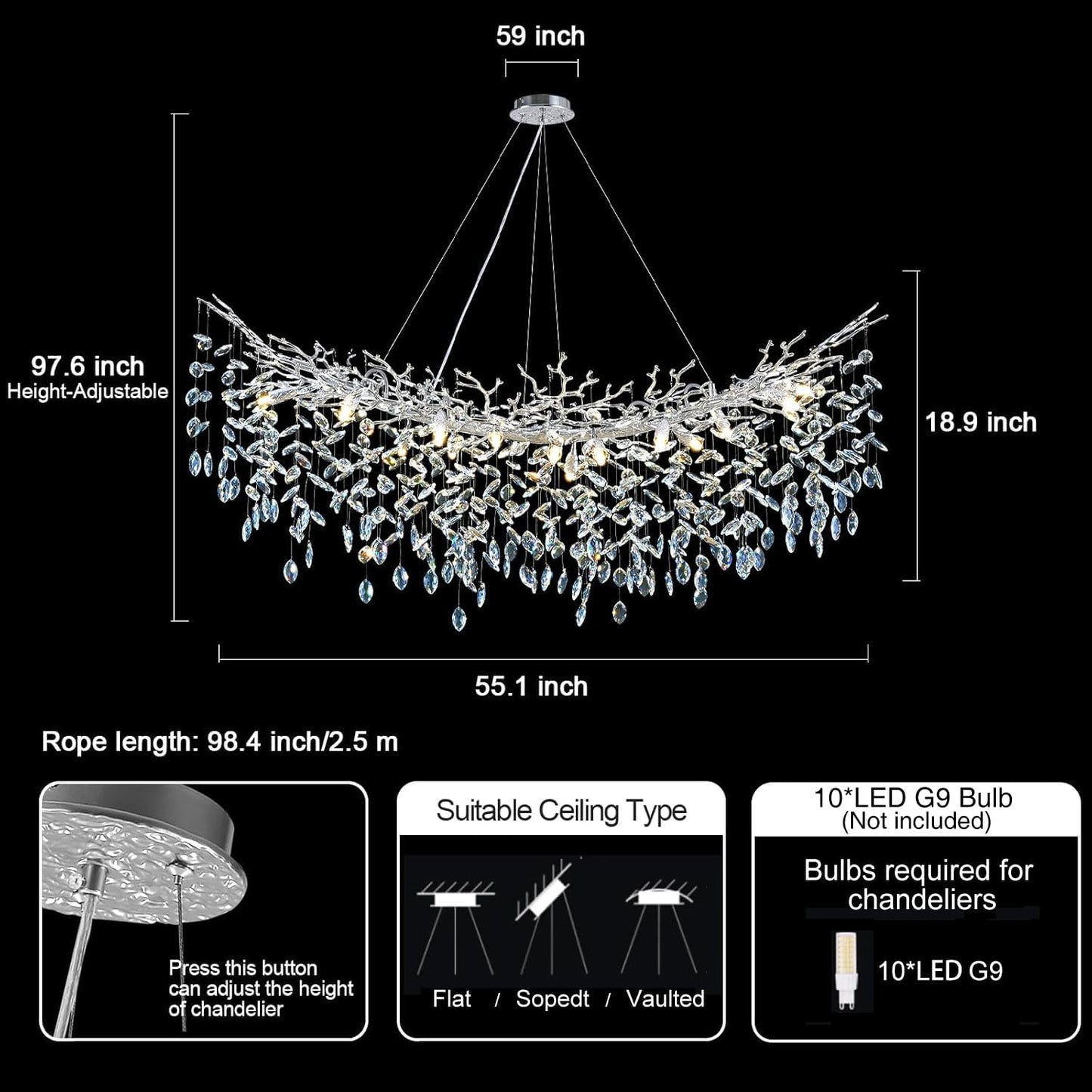 Solara Rectangular Tree Branch Chandelier 55" 72" Tree Branch