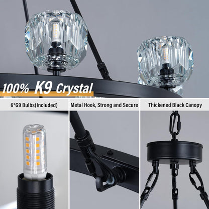 Black Wagon Wheel Crystal Chandelier 23-Inch 6-Light Farmhouse