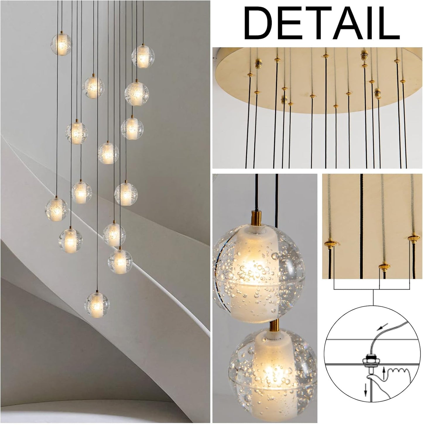 Elegant Gold Crystal 14-Light Adjustable Staircase Chandelier for Modern Homes