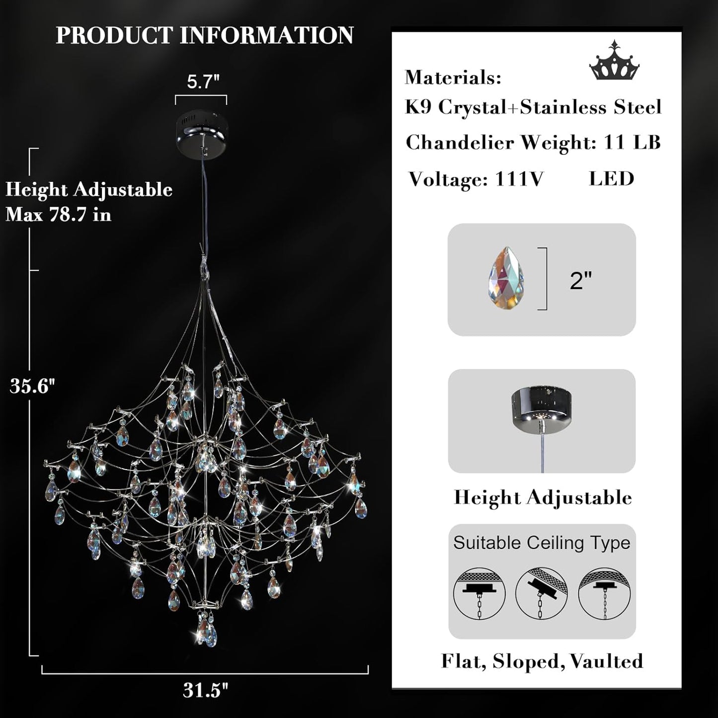 Silver 31.5" Round Crystal Raindrop Chandelier for Modern Homes