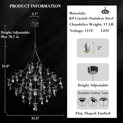 Silver 31.5" Round Crystal Raindrop Chandelier for Modern Homes