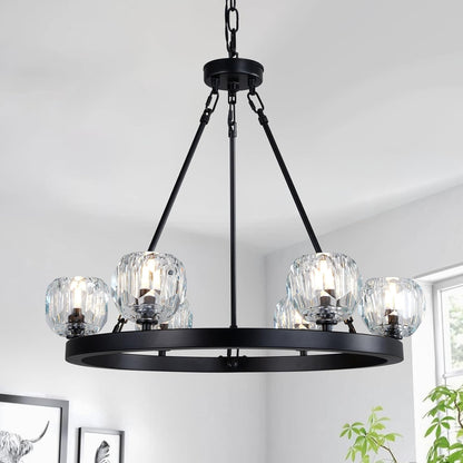 Black Wagon Wheel Crystal Chandelier 23-Inch 6-Light Farmhouse