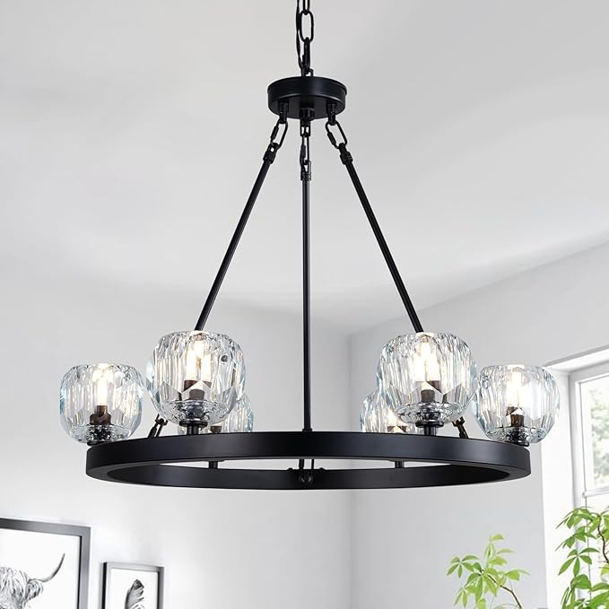 Black Wagon Wheel Crystal Chandelier 23-Inch 6-Light Farmhouse