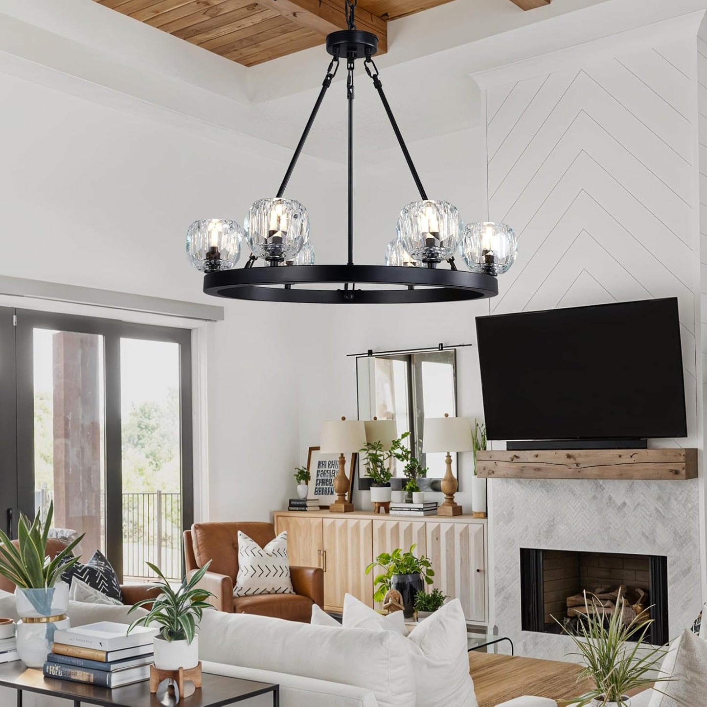 Black Wagon Wheel Crystal Chandelier 23-Inch 6-Light Farmhouse