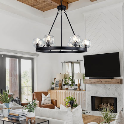 Black Wagon Wheel Crystal Chandelier 23-Inch 6-Light Farmhouse