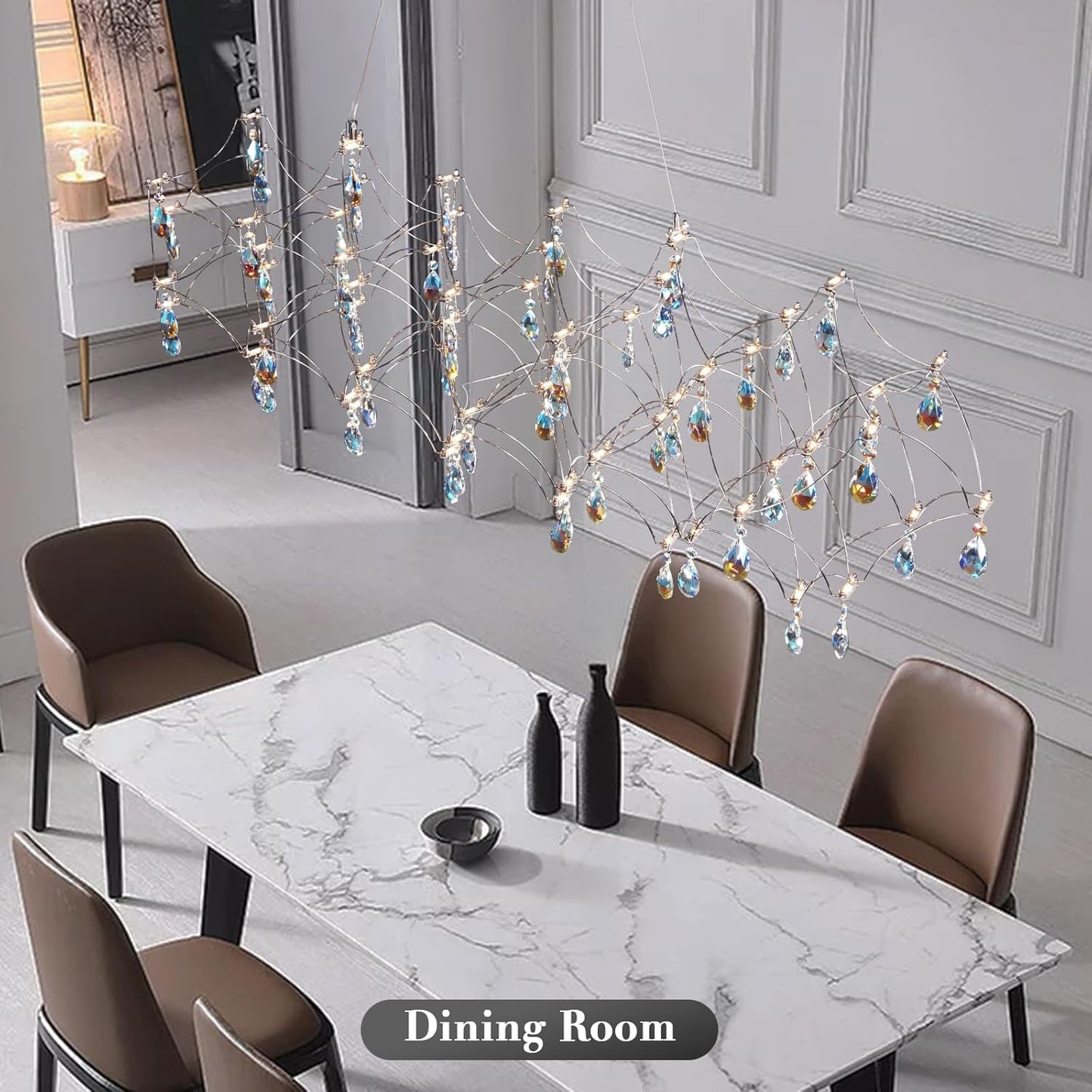 Large Silver Rectangle Crystal Chandelier 49.2" Modern Luxury Raindrop Light