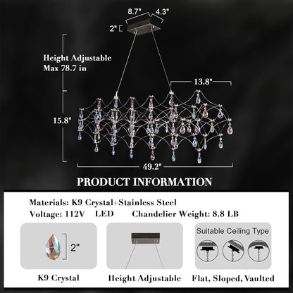 Large Silver Rectangle Crystal Chandelier 49.2" Modern Luxury Raindrop Light