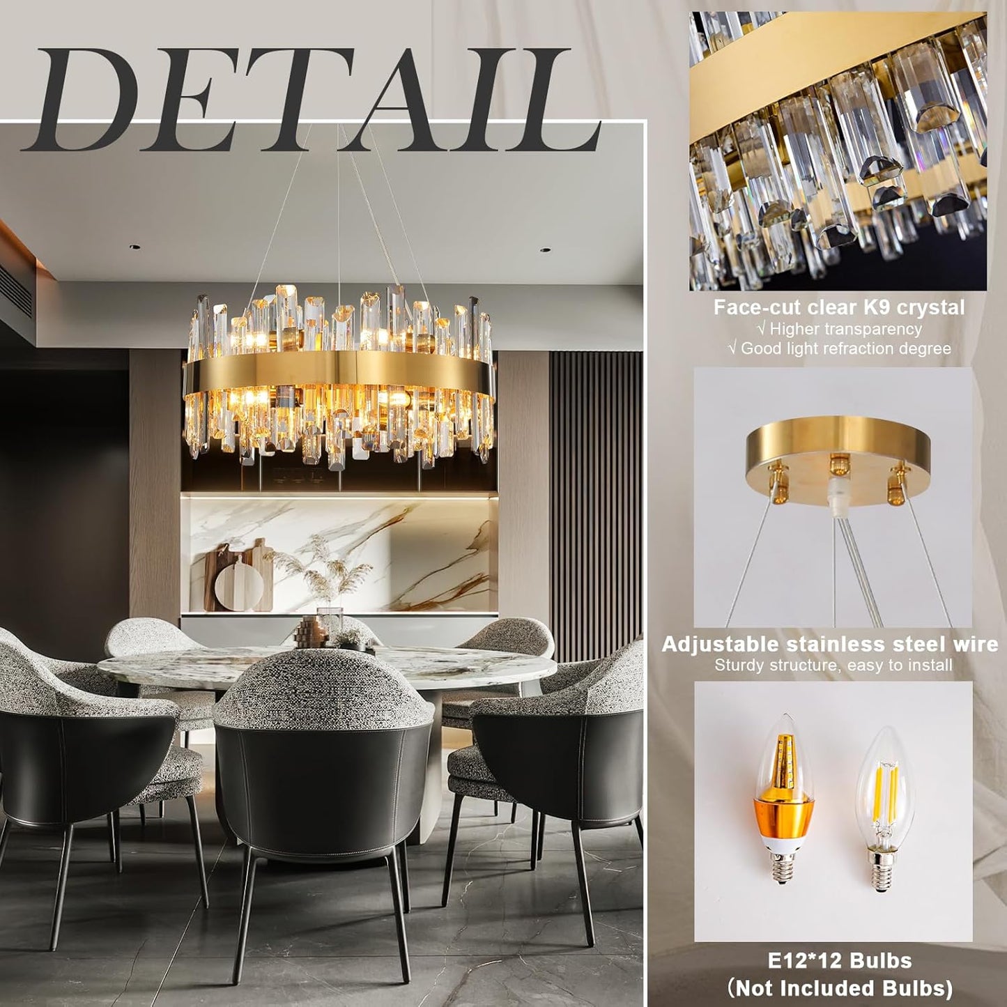 Modern Luxury Gold Round 12-Light K9 Crystal Chandelier