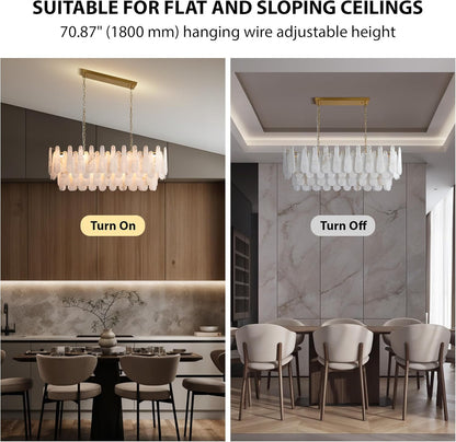 Luxury Modern Alabaster Brass Rectangle Chandelier with Adjustable Height
