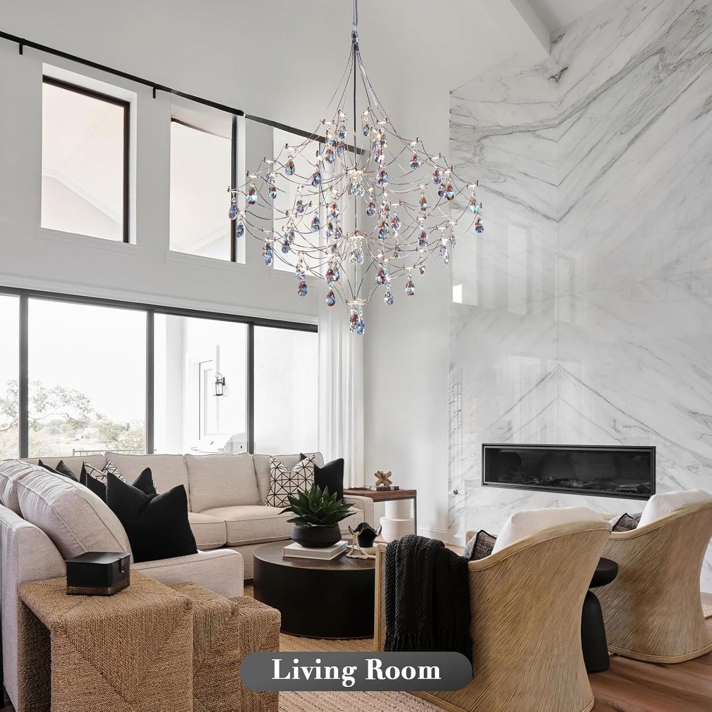 Silver 31.5" Round Crystal Raindrop Chandelier for Modern Homes