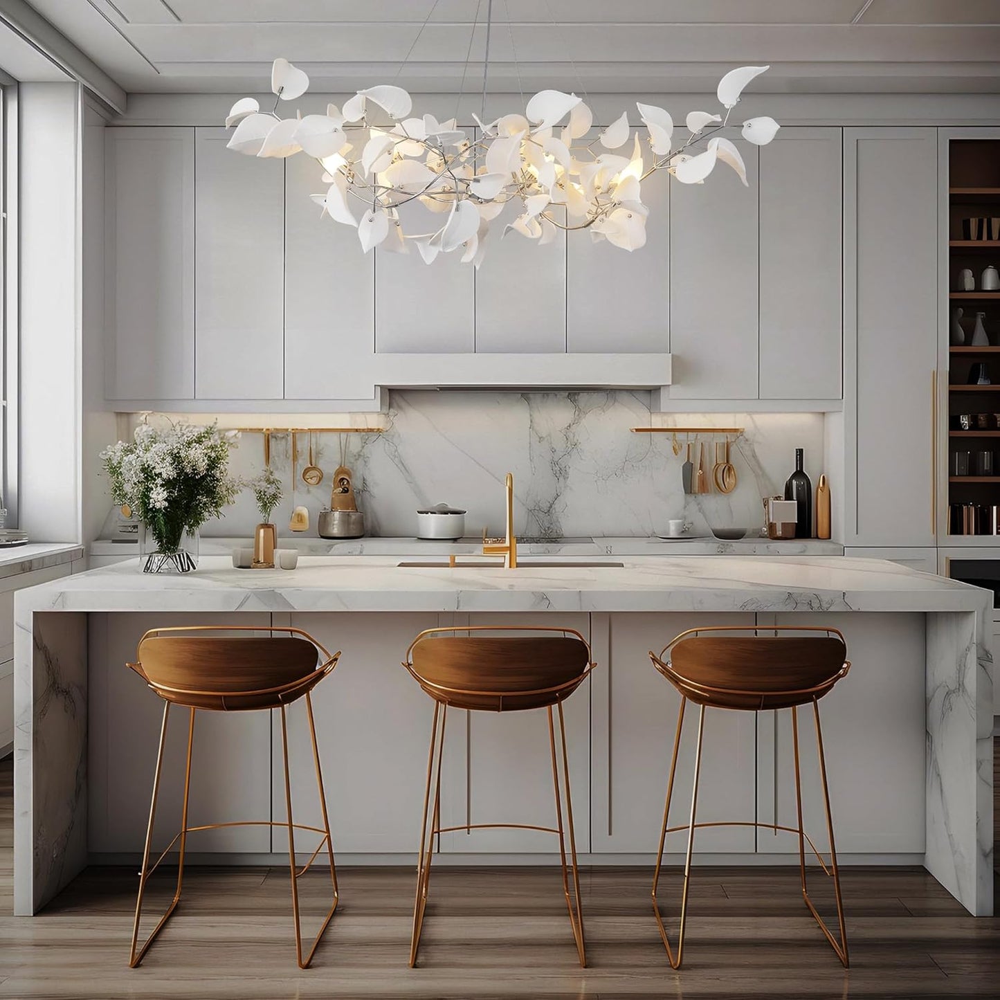 Gold Ceramic Leaf Chandelier with 6 Adjustable Lights, 31.5" Diameter