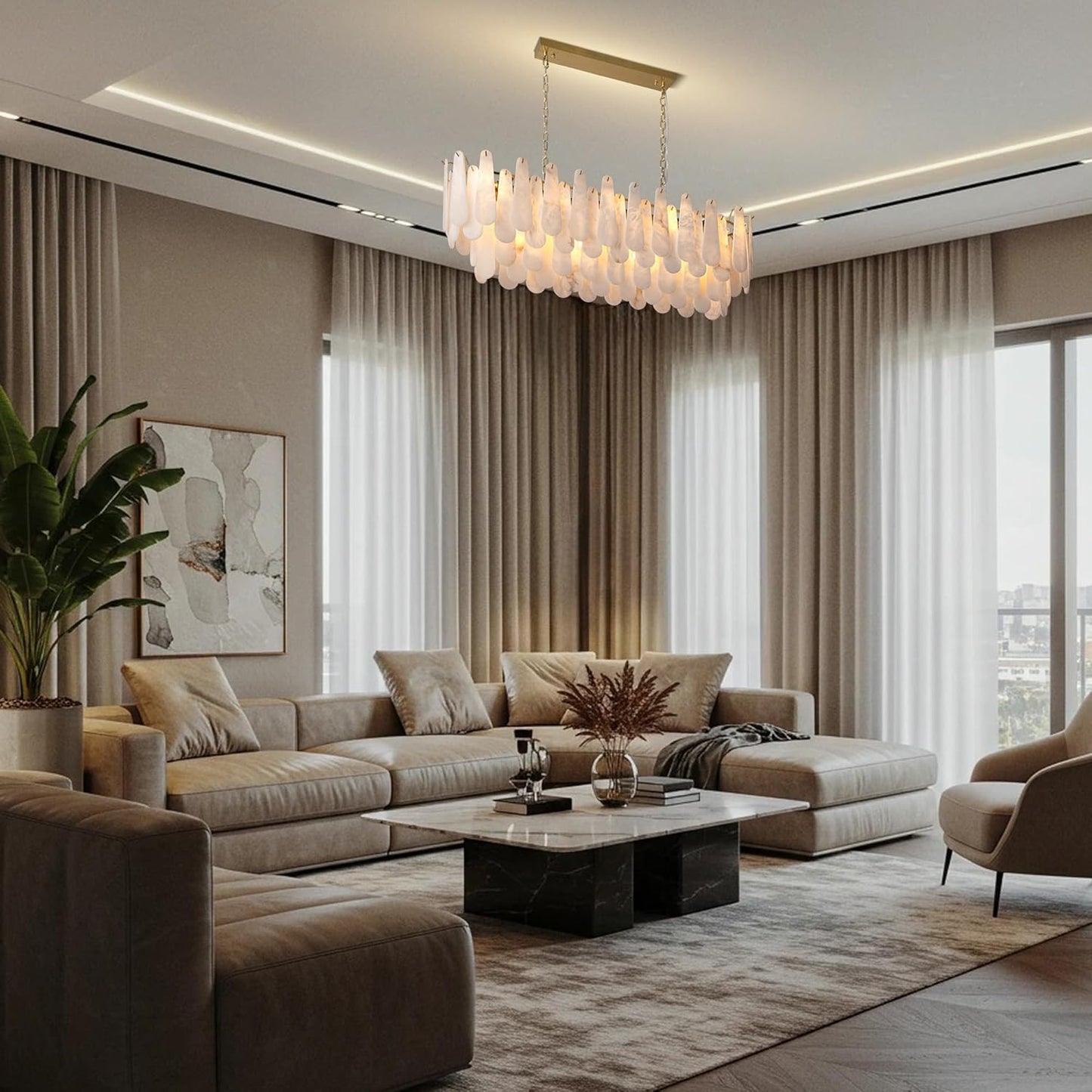 Luxury Modern Alabaster Brass Rectangle Chandelier with Adjustable Height