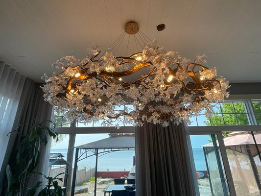Modern Petal Crystal Round Brass Branch Chandelier For Living Room