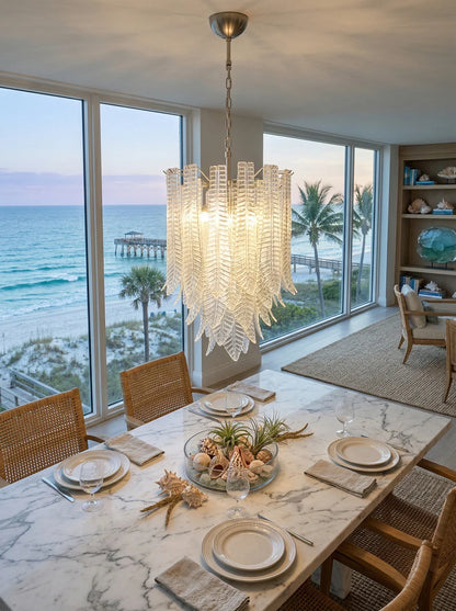 Leaf-Textured Layered Glass Chandelier