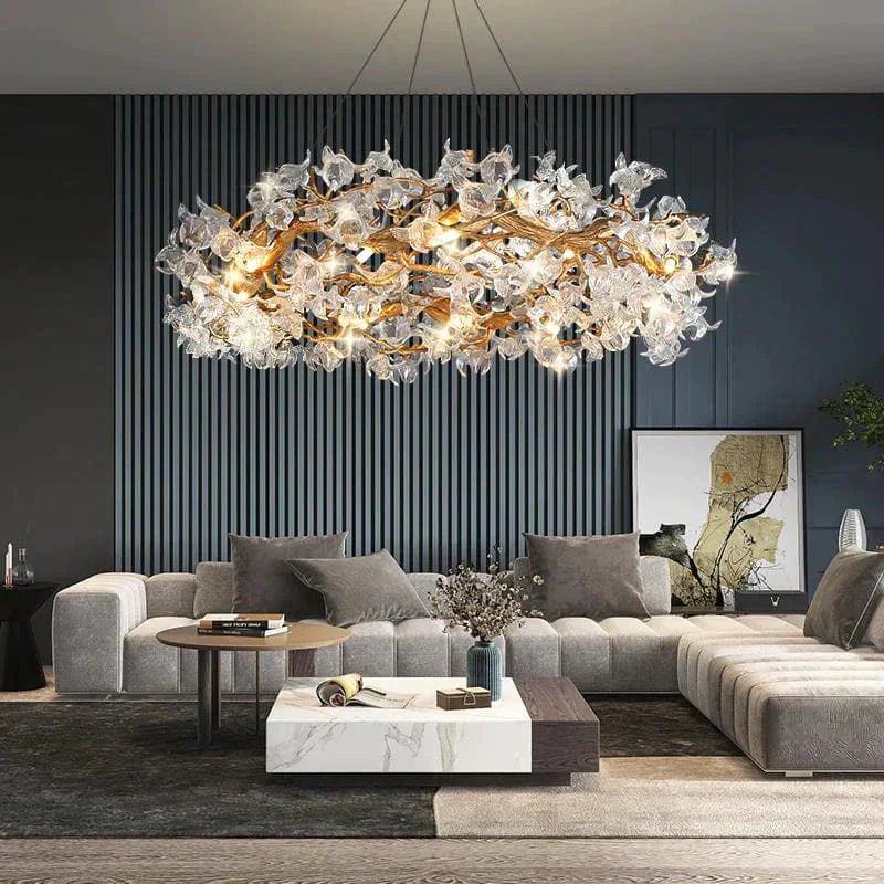 Modern Petal Crystal Round Brass Branch Chandelier For Living Room