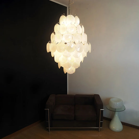 Huge Vintage Murano White Disks Chandelier