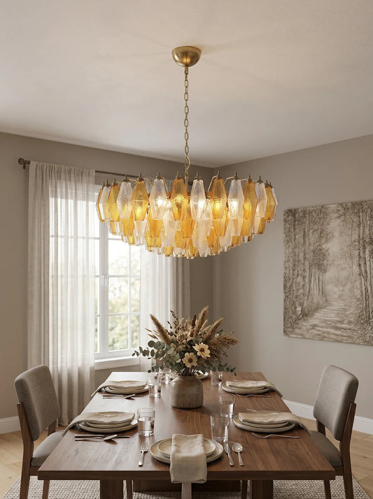 Murano Faceted Transparent Amber Glass Chandelier