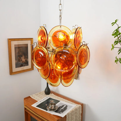 Vintage Murano Orange Transparent Disc Chandelier