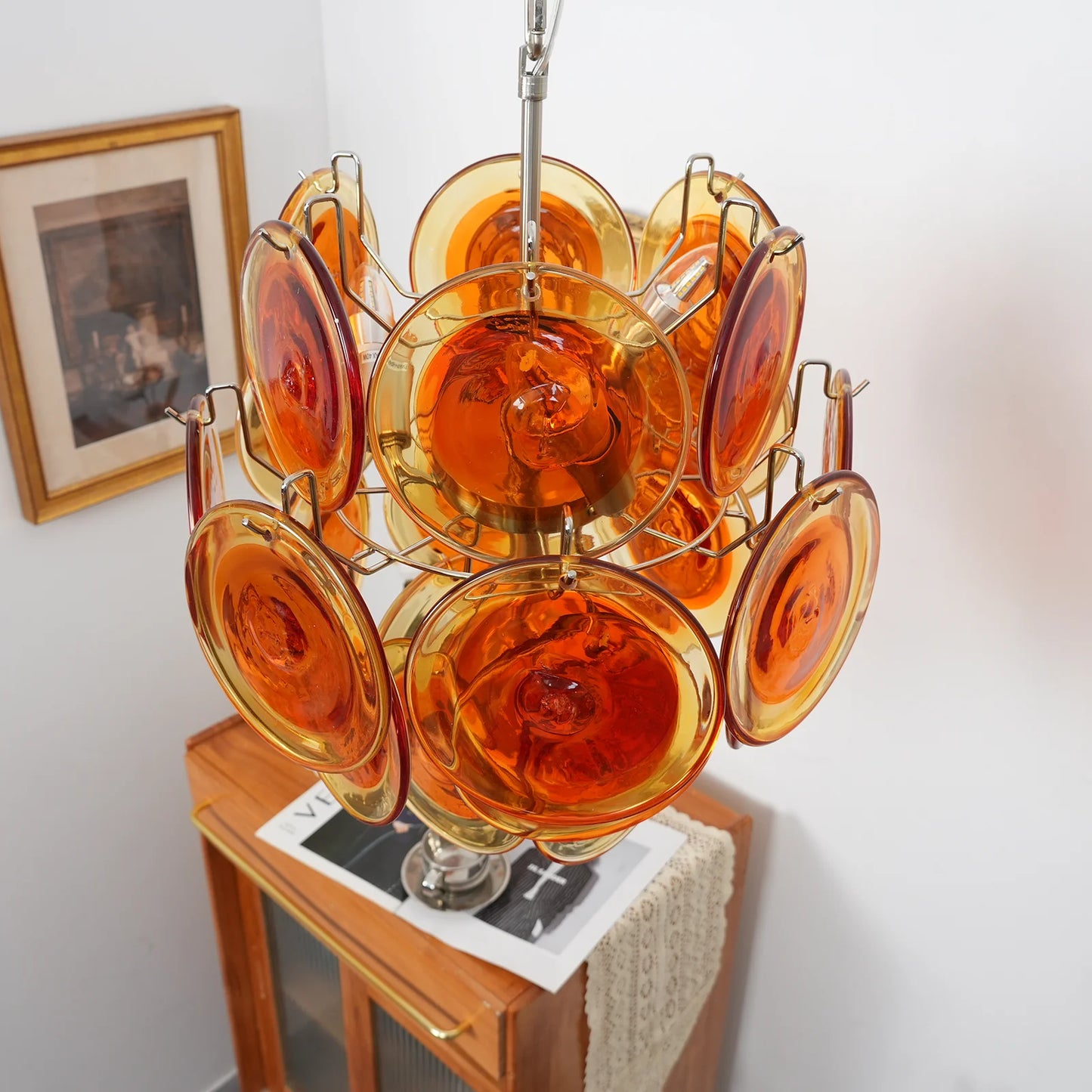 Vintage Murano Orange Transparent Disc Chandelier