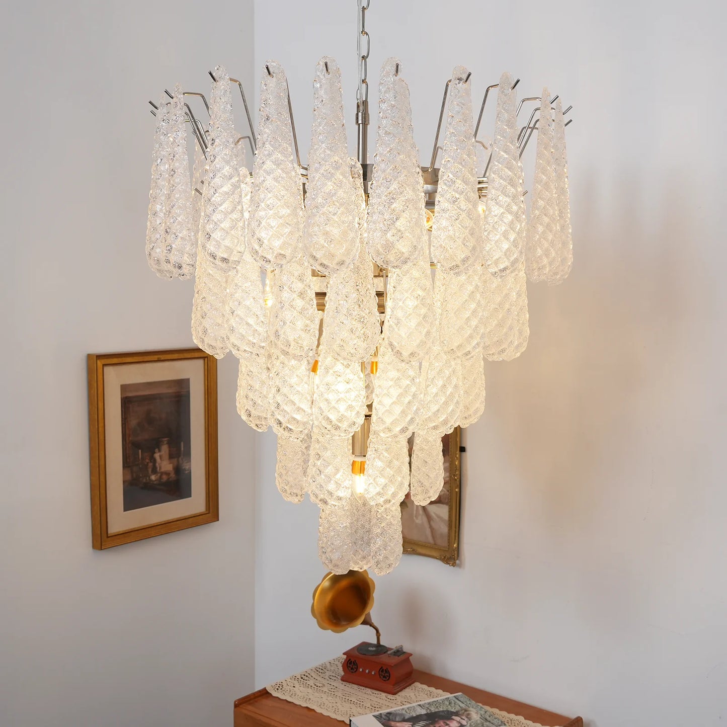 Vintage Transparent Murano Glass Petals Drop Chandelier