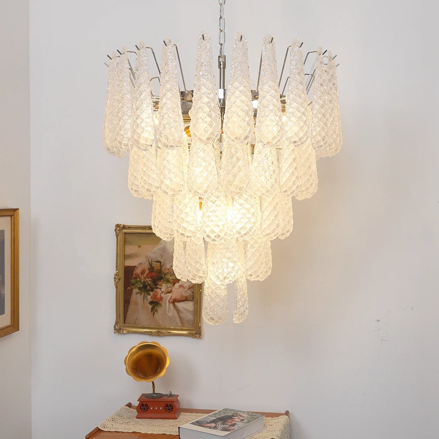 Vintage Transparent Murano Glass Petals Drop Chandelier