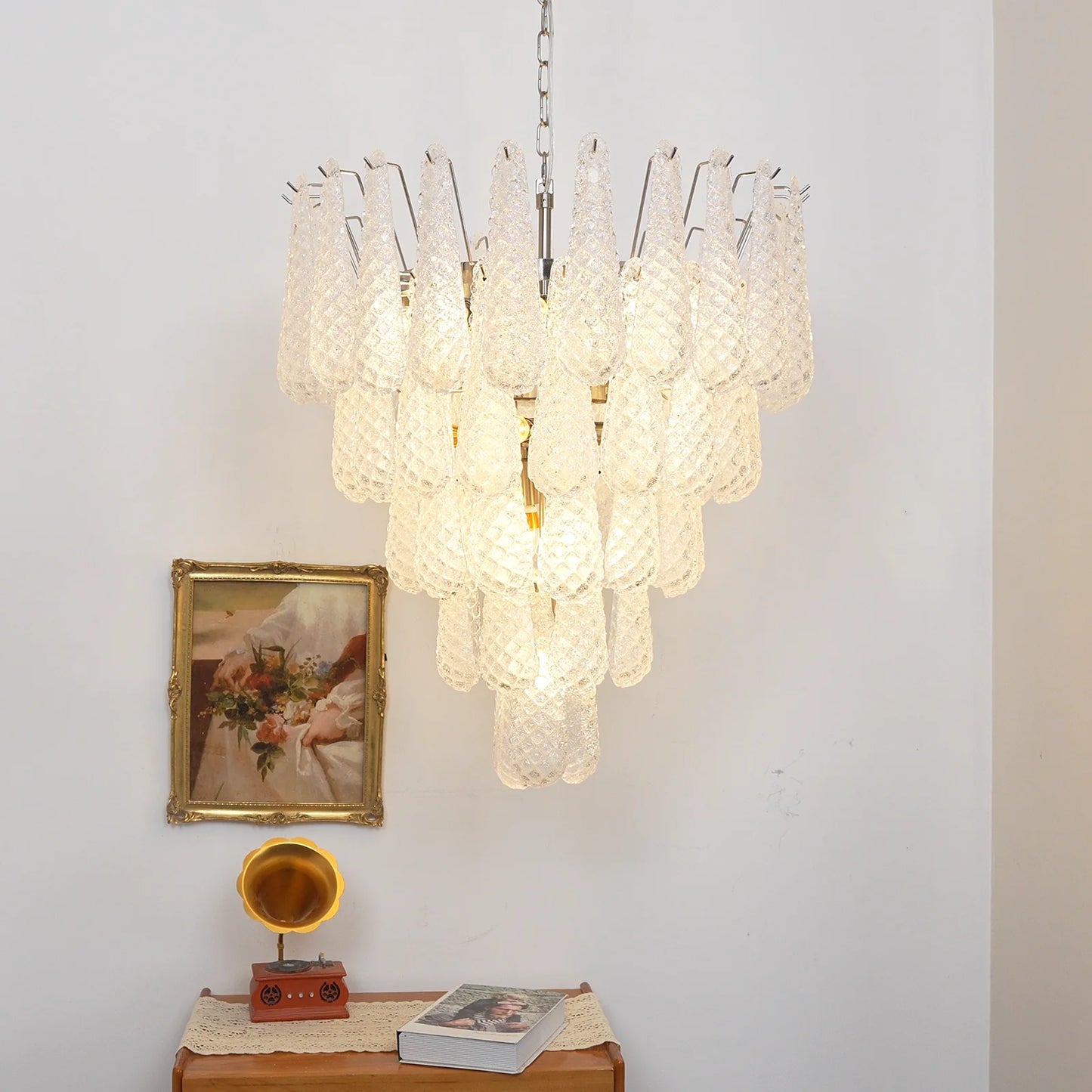 Vintage Transparent Murano Glass Petals Drop Chandelier