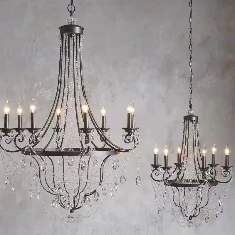 Affordable French Vintage Iron Crystal Pendant Candle Chandelier for Living Room / Restaurant / Cafe / Hotel lobby