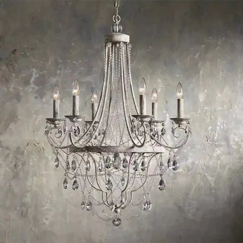 Affordable French Vintage Iron Crystal Pendant Candle Chandelier for Living Room / Restaurant / Cafe / Hotel lobby