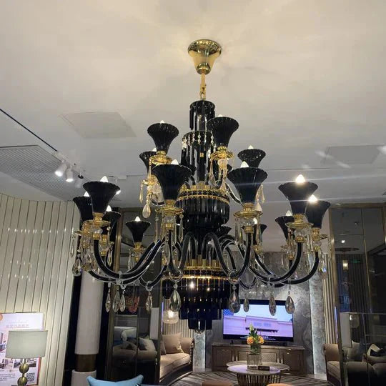 American Traditional Branch Crystal Chandelier with Candle Design in Black and Gold