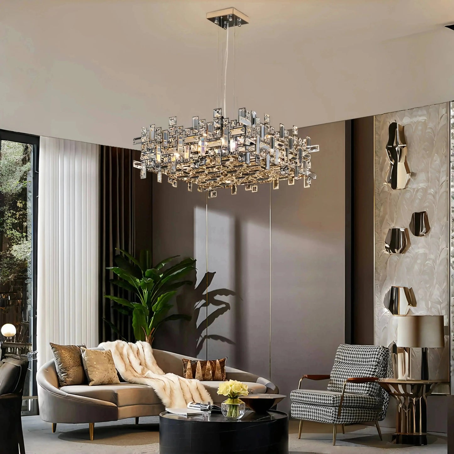 Art Irregular Block Collection Crystal Pendant Chandelier Suit for Living/Dining Room