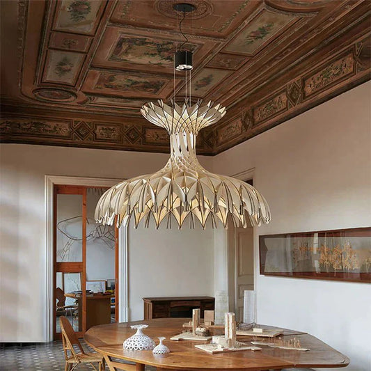Art Oriental Tone Hand-made Wood Dome Pendant Chandelier for Living/Dining Room