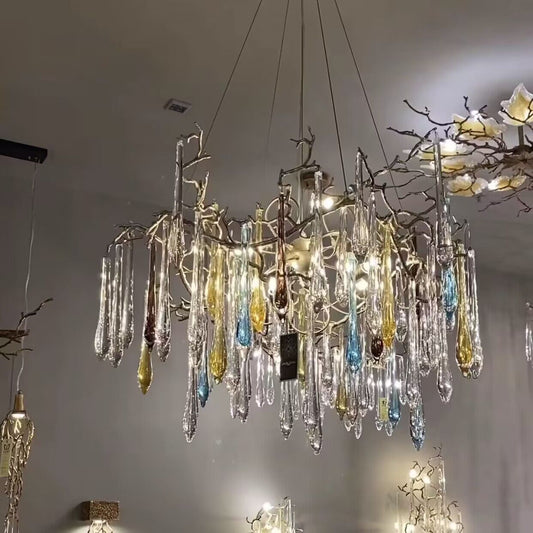 Artistic Branch Chandelier with Blue Glaze Drops for Dining Room